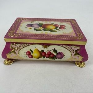 Vintage Frida & Nada Western Germany Fruit Motif Footed Pink & Gilt Metal Tin